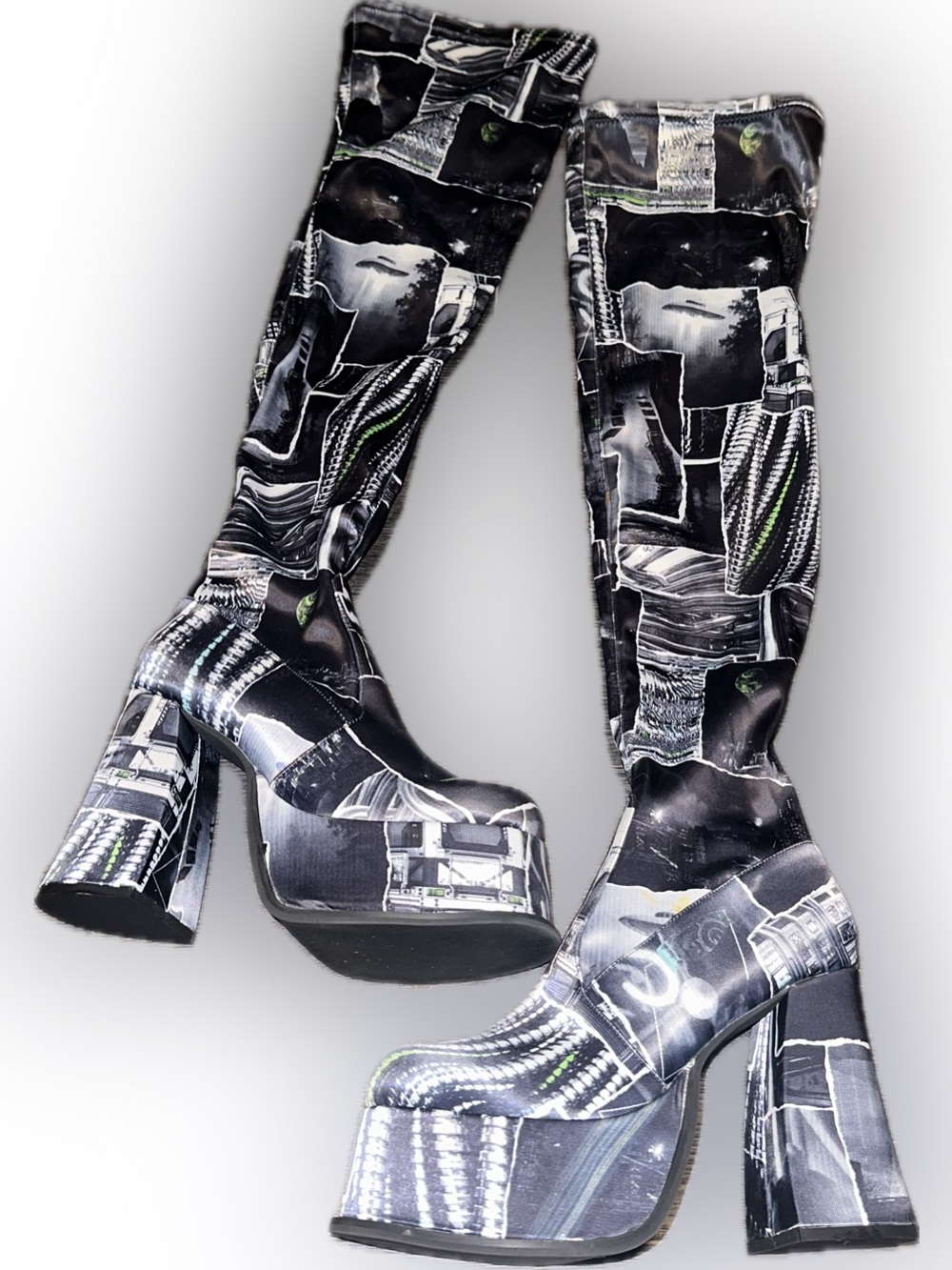 Black Graphic Platform Knee-High Boots - Women's
